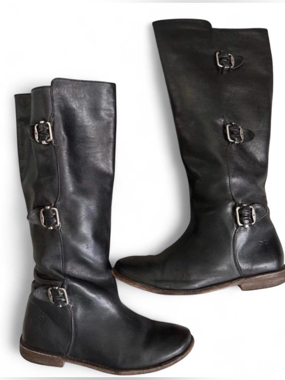 Frye Black Leather Knee-High Buckle Riding Boots